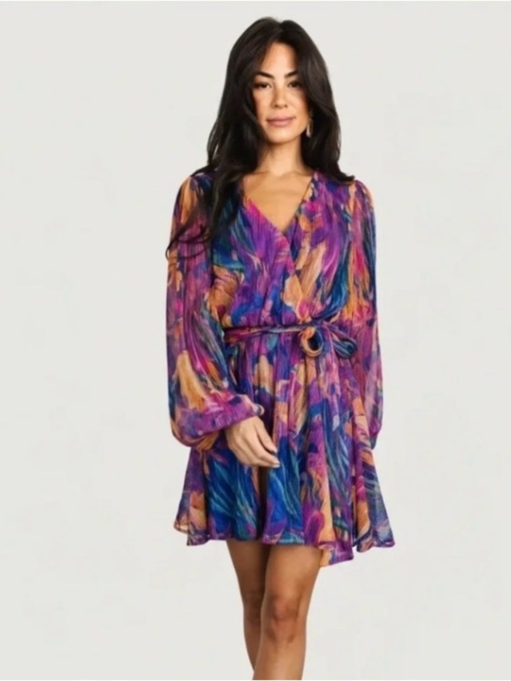 Baltic Born Purple Multicolor Printed V-Neck Long Sleeve Mini Dress